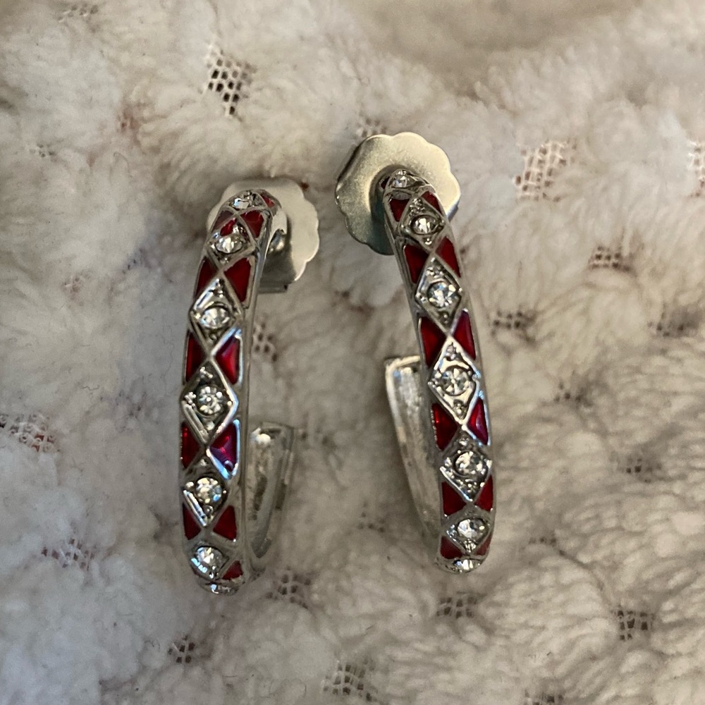 Austrian Crystal and Red Enameled Criss Cross earrings in Brass